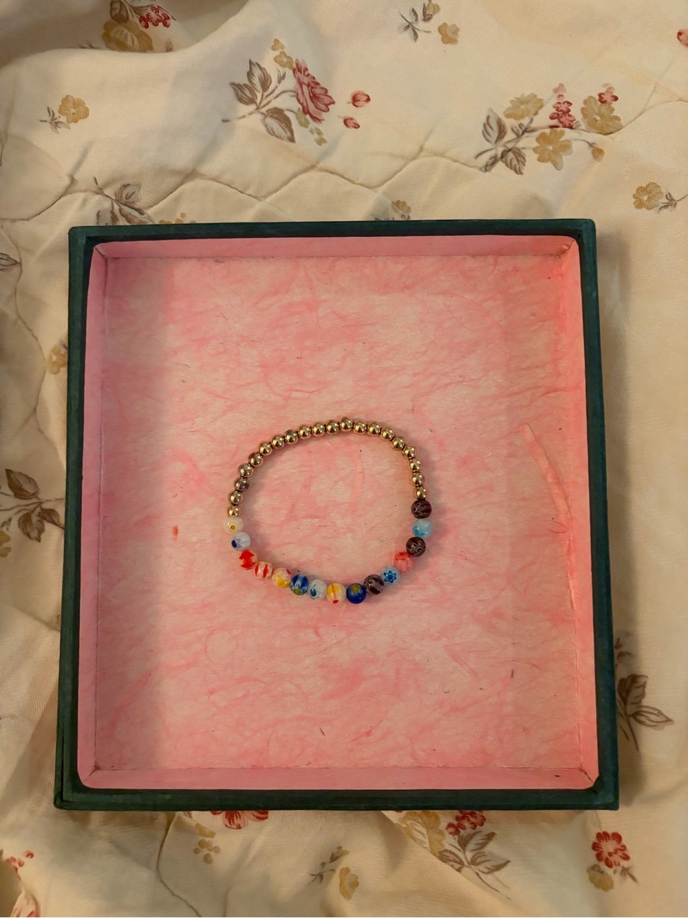 Handmade Beaded Bracelet w/ Multicolor Glass and Gold Beads